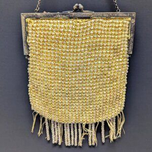 Vintage Antique 1910s Glass Bead Bag France Fringe Clam Floral Iridescent Purse